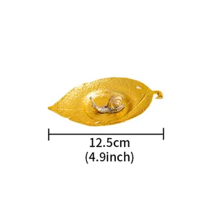 Gold leaf shaped metal incense holder with a cute snail figurine, 12.5cm compact decor.