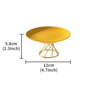 Modern minimalist ceramic cake stand with gold wire base, 12cm diameter fruit dessert plate.