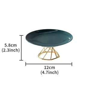 Modern minimalist dark green ceramic cake plate with gold geometric high foot stand