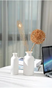 Vue détaillée de vase en céramique blanche minimaliste, arrangement floral élégant.