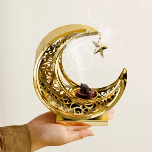 Metal Crescent Moon Incense Burner Hollow Carved Arabic Style Aromatherapy Censer With Hanging Star Home Decor