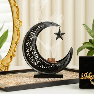Middle Eastern metal crescent incense burner, hollow moon star aromatherapy burner for home decor.