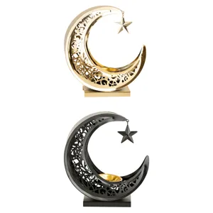 Middle Eastern metal crescent moon incense burner with hanging star, gold and black set.