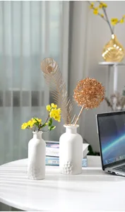 Vase en céramique blanche minimaliste, détail d'arrangement floral moderne chic.