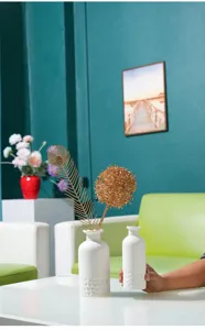 Vue detaillee d un vase en ceramique blanche moderne avec branche doree pour la decoration.