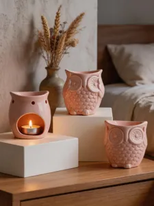 Pink ceramic owl aroma diffuser candle holder set for cozy home decor and room decoration.