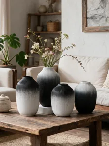 Wabi-sabi black white gradient resin vase set, modern minimalist home decor floral arrangement display.