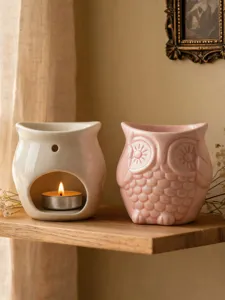 Ceramic owl aroma diffuser and candle holder home decor detail view, perfect for cozy rooms.