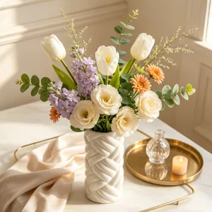 Modern minimalist ceramic yarn vase, cylindrical floral arrangement container, elegant home decor.