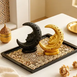 Medieval retro moon face resin ornament set, vintage celestial tarot sculpture decor for home.