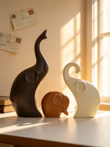 Ceramic elephant family sculpture set, modern minimalist home decor for living room table.
