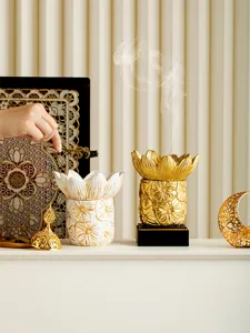 Middle Eastern gold white lotus flower incense burner aroma censer ceramic home decor