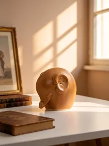 Detailed view of the ceramic elephant ornament showing texture on white table with light.