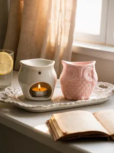Ceramic owl aroma diffuser candle holder detail shot, charming home decor piece.
