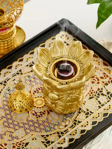 Gold lotus incense burner creative aromatherapy censer decorative metal table top incense jar