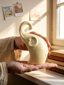 Close-up view of ceramic elephant figurine showing minimalist home decor details.