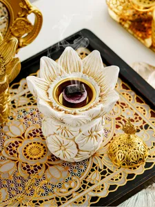 Exquisite lotus incense burner detail, gold and white Arabic censer for cone and sandalwood