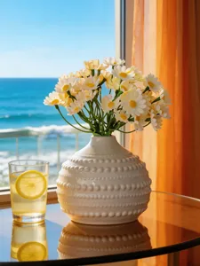 Vase en céramique nordique détail, élégant porte-fleurs texturé blanc pour déco de table.