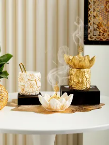 Exquisite gold lotus incense burner, Arabic style ceramic aromatherapy decor for home.