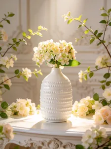 Gros plan d'un vase en céramique blanche texturée de style nordique pour décoration de table.