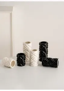 Modern minimalist ceramic vase set, black and white braided tabletop decorative ornament.