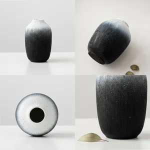 Wabi-sabi black and white gradient resin vase detail, close up texture and angle views.