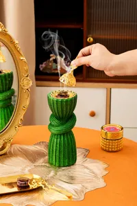 Arabic style resin incense burner with glitter green finish and gold lid for home decor