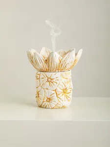 White gold lotus ceramic incense burner aroma diffuser for home decor relaxing meditation.