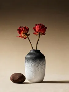 Wabi-sabi minimalist black white gradient resin vase detail shot with dried flowers decor