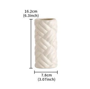 Ceramic braided texture cylinder vase detail view, 16.2cm height with modern minimalist style.