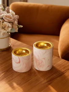 Rosa Marmor Keramik Räuchergefäß Set mit Gold Deckel, elegante Heimdeko Detailansicht.