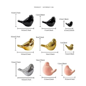 Detailed size chart showing dimensions of ceramic bird ornaments in various colors and sizes.