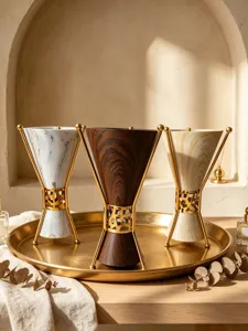 Luxury Arabic incense burner set with gold metal stand and marble wood grain finish for home decor