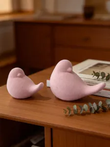Minimalist pink bird figurine set, cute ceramic desktop ornament for modern home decor.