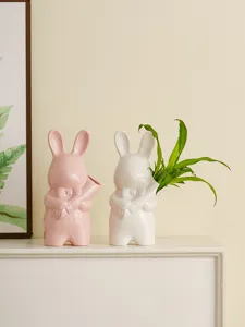 Jarrón de flores de cerámica conejo de pascua, lindo soporte para plantas y decoración del hogar.