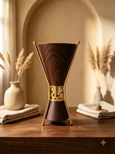 Detailed view of luxury Arabic wooden incense burner with gold metal stand for home decor.