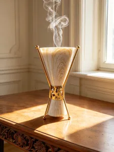 Close-up detail of luxury marble-textured incense burner with gold metal stand in indoor setting.