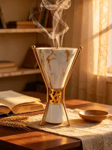 Luxury marble incense burner with gold metal stand, elegant home aromatherapy decor.