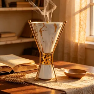Detailed view of luxury marble texture ceramic incense burner with elegant gold metal stand.