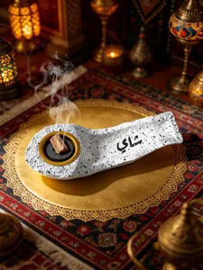 Arabic Calligraphy Resin Incense Burner Flat Boat Shape Desktop Decor Crafts Style