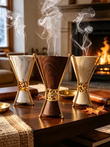 Middle Eastern luxury incense burner with metal stand, elegant home aromatherapy decor detail.