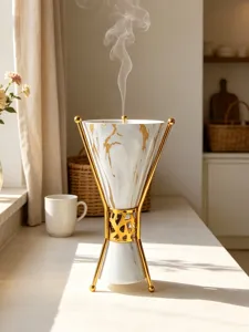 Exquisite marble pattern ceramic incense burner with luxury gold metal stand for home decor