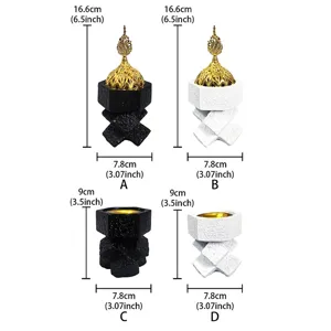 Middle Eastern resin incense burner with cross knot design, black and white styles with dimensions.