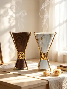 Luxury metal incense burner with wood and marble finish, elegant home aroma decor.