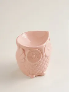 Pink ceramic owl oil burner and candle holder detail view, perfect for home aromatherapy decor.