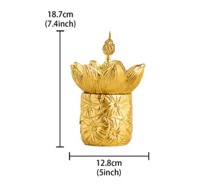 Golden lotus incense burner detail view showing size 18.7cm height and 12.8cm width specifications.