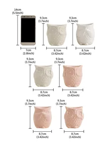 Detailed dimension view of ceramic owl candle holders and aroma burners in cute styles.