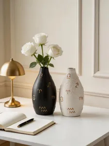 Modern ceramic vase detail with embossed golden symbols, elegant desktop flower decor.