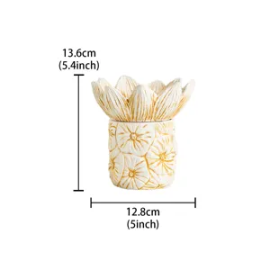 White ceramic lotus incense burner with gold details, 13.6x12.8cm aroma pot decor.