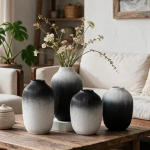 Minimalist black and white gradient resin vase set, modern wabi-sabi home decor ornament.